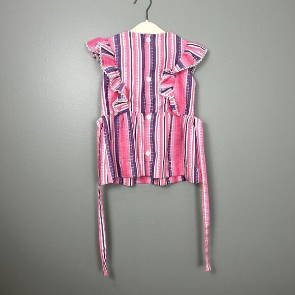 Vintage 70's Pinafore Dress Toddler Girl's Pink Purple Ruffle Stripe Summer Mini - Picture 6 of 8